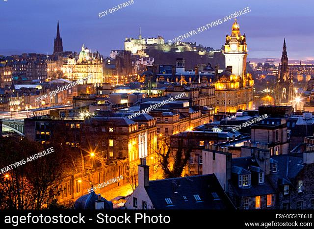 Edinburgh Skylines building and castle from Calton Hill at dusk Scotland UK