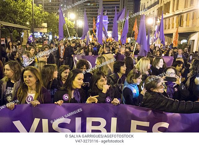 Valencia, Spain, March 8, 2019. The streets of Valencia are filled with people shouting in favor of feminism and encountering machista aggressions