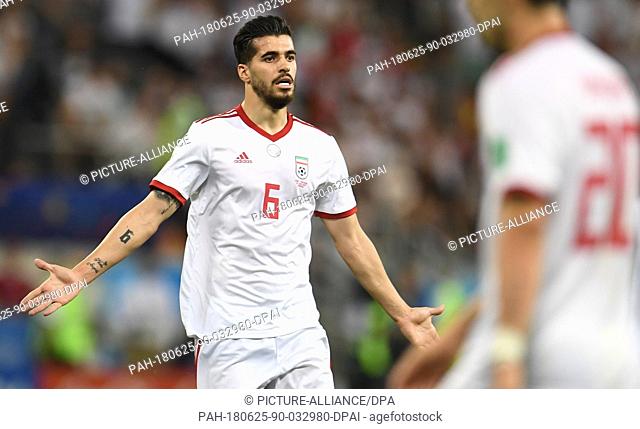 25 June 2018,  Russia, Saransk: Soccer: FIFA World Cup 2018, Iran vs Portugal, group stages, group B, 3rd matchday: Iran's Saeid Ezatolahi complains
