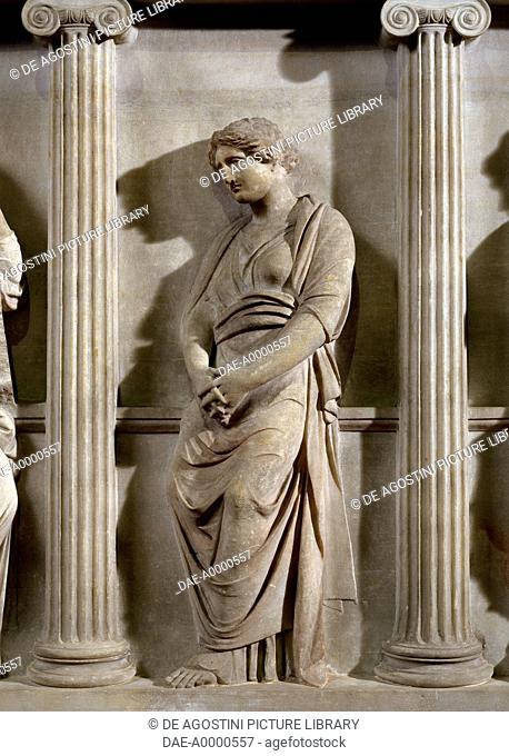One of Strabo I's wives, King of Sidon, crying between two Ionic columns, detail of the long side of the marble sarcophagus known as The Mourners (ca 350 BC)