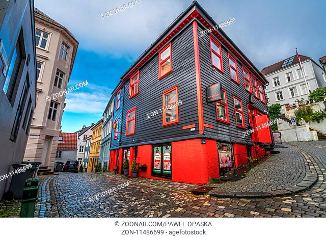 Bergen, Norway - October 2017 : Red and black beauty parlor in Bergen city centre, Norway