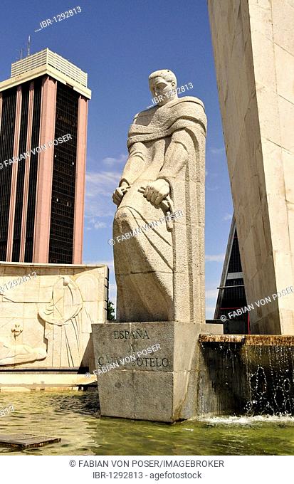 Monument to José Calvo Sotelo in front of Kio Towers, Torres Kio or Puerta de Europa, Plaza Castilla, Madrid, Spain, Iberian Peninsula, Europe