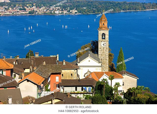 Ronco, Switzerland, canton Ticino, Lago Maggiore, lake, sea, , village, church, steeple, sail boats
