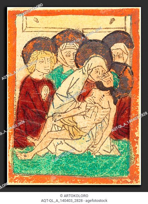 German 15th Century, The Lamentation, 1470-1480, woodcut, hand-colored in green, red, pink, yellow, and gold