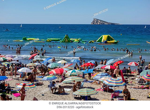 Poniente beach and the island, Benidorm, Alicante province. Spain