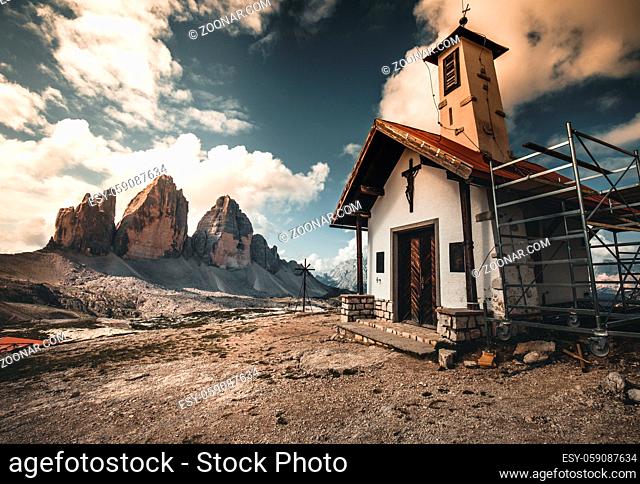 view of tre cime di lavaredo in the dolomites during summer
