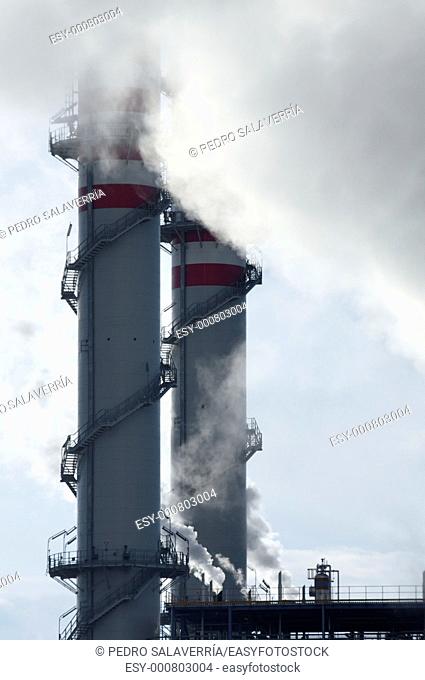 smokestacks of a power plant for electric energy production in Escatron, Saragossa, Aragon, Spain