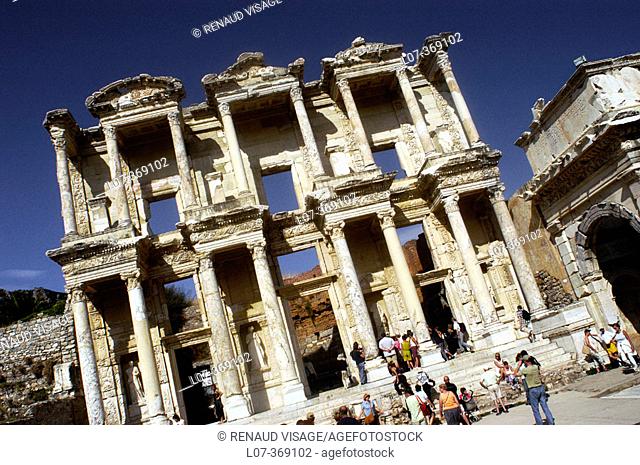 Façade of the Library of Celsus at the Roman ruins of Ephesus. Turkey