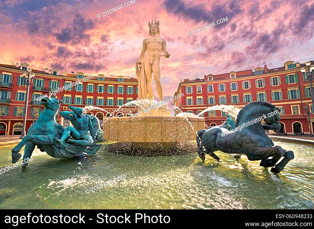 City of Nice Place Massena square and Fountain du Soleil view, tourist destination of French riviera, Alpes Maritimes department of France
