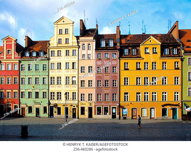 Beautiful houses at Main Market Square in Old Town Wroclaw of Poland