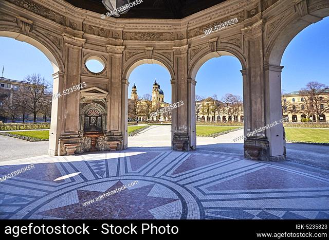 Hofgarten with view of the Theatine Church in spring, deserted, curfew due to Corona crisis, Munich, Upper Bavaria, Bavaria, Germany, Europe