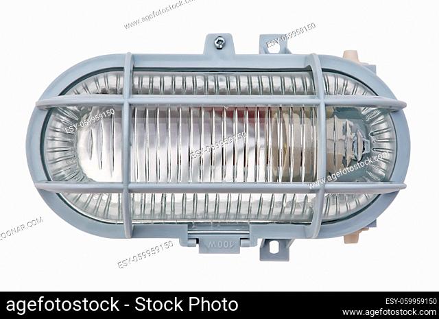 Luminaire for damp and dusty places with plastic grid. Isolated on white background