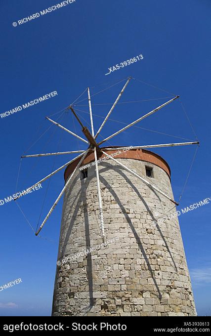 Windmills of Mandraki, Mandraki Harbour, Rhodes, Dodecanese Island Group, Greece