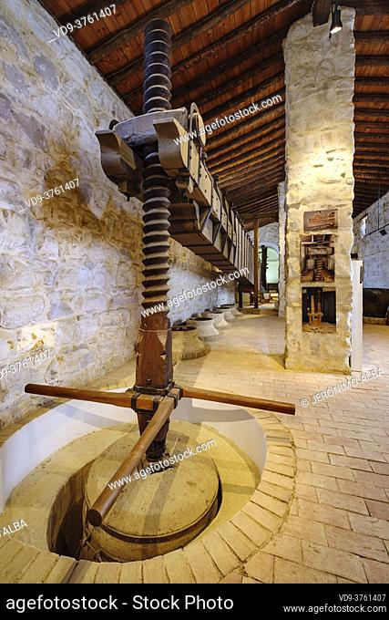 Torre press, Museo de la Cultura del Olivo. Museum cultural history of the olive tree, Puente del Obispo. Baeza, Jaen province, Andalusia, southern Spain Europe