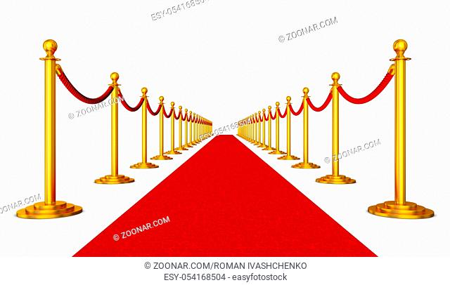 Red carpet and pillars with red ropes on a white background. 3d render