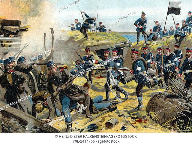 The Battle of Dybbøl, a battle of the Second Schleswig War on the morning of 18 April 1864,