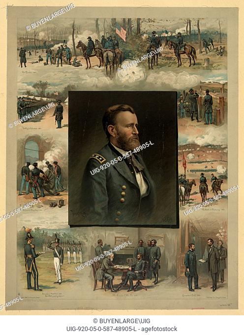 rant from West Point to Ulysses Grant, half-length portrait, facing left, surrounded by nine scenes of his career from West Point graduation in 1843 to Lee's...