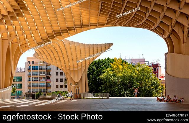 A picture of the Metropol Parasol as seen from within, in Seville