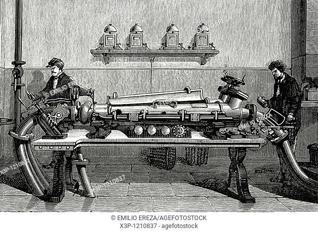 Transmission-reception device for dispatch  Pneumatic station  Paris, France  Antique illustration  1882