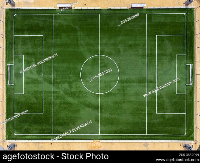 aerial view of soccer pitch covered with artificial grass in Altea La Vella, Alicante, Spain
