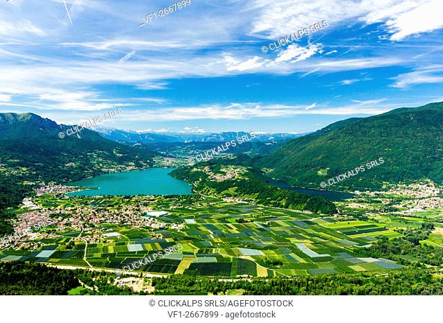 Caldonazzo lake, Trento, Province of Trentino Alto Adige, Italy. Panorama of two lakes from Monterovere
