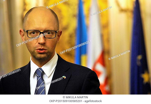 Slovak Prime Minister Robert Fico, not pictured, and Ukrainian Prime Minister Arsenyi Jatsenyuk, pictured, speak during a press conference after their meeting...