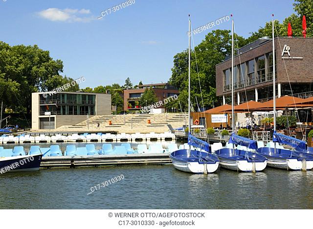 Muenster (Westfalen), D-Muenster, Westphalia, Muensterland, North Rhine-Westphalia, NRW, boat harbour at the Aa Lake, Aasee, boat house, boat rental