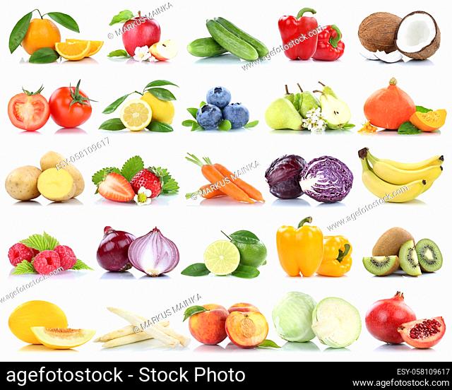 Fruits and vegetables collection isolated apple peach tomatoes berries fruit on a white background