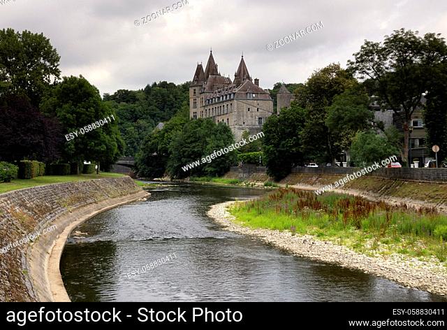 View at the castle in the Belgium town Durbuy seen from a bridge over the river Ourthe