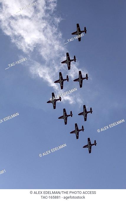 USA-2018-The Royal Canadian Forces Snowbirds airborne acrobatics team flies in formation during a demonstration in Ocean City, Maryland on May 23, 2018