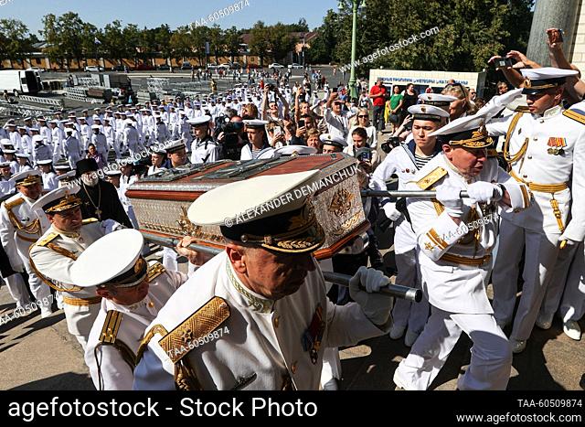 RUSSIA, ST PETERSBURG - JULY 17, 2023: Officers of the Russian Navy carry a reliquary containing the relics of Adm Fyodor Ushakov (1745-1817) of the Imperial...
