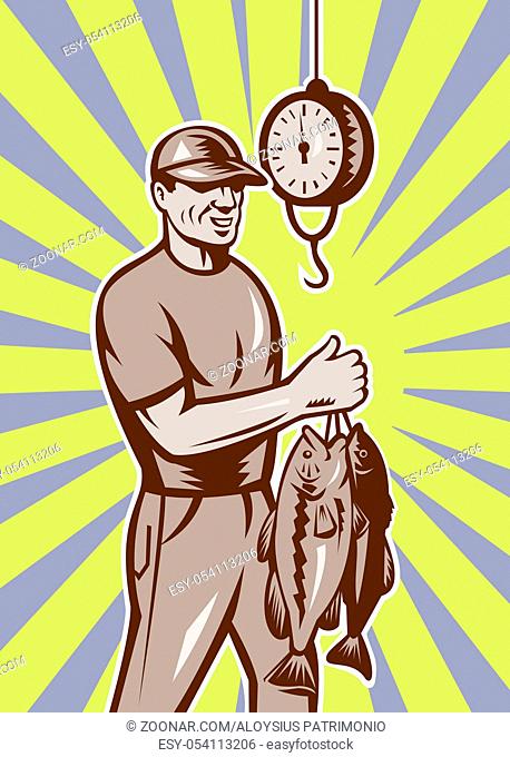 illustration of a Fly Fisherman weighing in fish catch with sunburst in background done n retro style