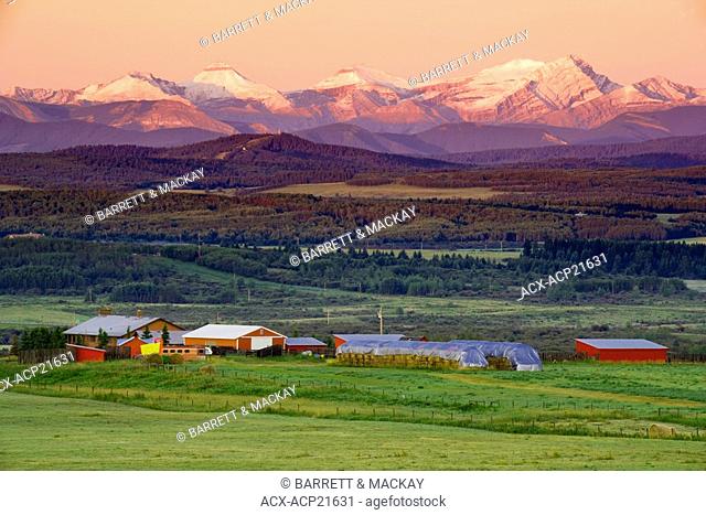 foothills Ranch in early morning light, Cochrane, Alberta, Canada, agriculture, mountains, rockies