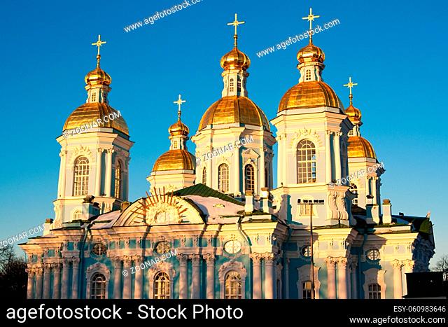 evening view of Nikolsky Cathedral on blue sky background. Russia Saint Petersburg