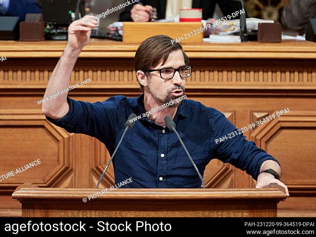 20 December 2023, Hamburg: David Stoop (Die Linke), deputy parliamentary party leader of the Left Party, speaks during a session of the Hamburg City Parliament...
