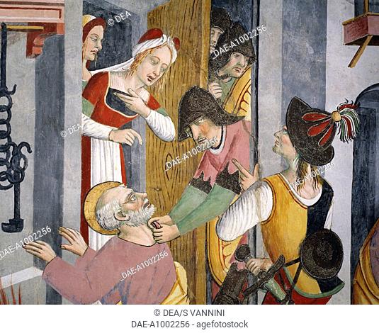 People wearing medieval clothes, detail from the Denial of St Peter, fresco, by Giovanni Canavesio, 1491, in the Notre-Dame des Fontaines Chapel, La Brigue