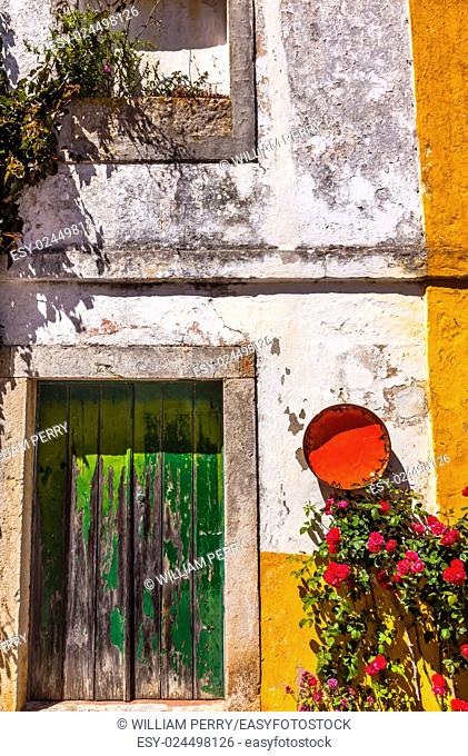 White Yellow Wall Green Door Orange Bowl Street 11th Century Medieval Town Obidos Portugal