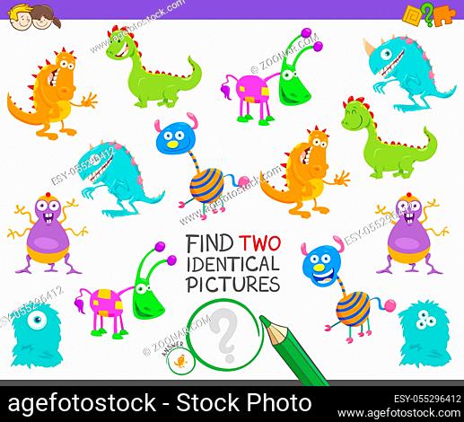 Cartoon Illustration of Finding Two Identical Pictures Educational Game for Children with Cute Monsters or Alien Characters