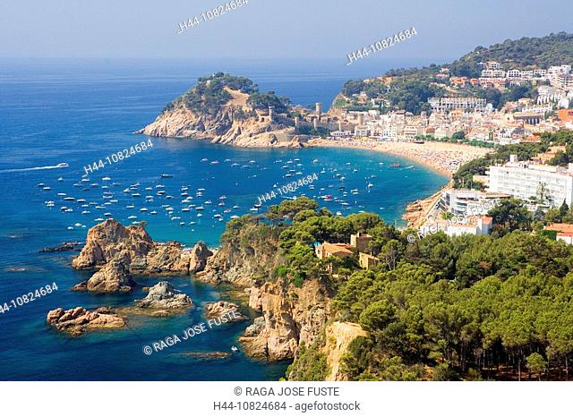 Spain, Europe, Catalonia, Costa Brava, Tossa de Mar, overview, coast, rock, cliff, beach, holidays, vacation, sea, Med