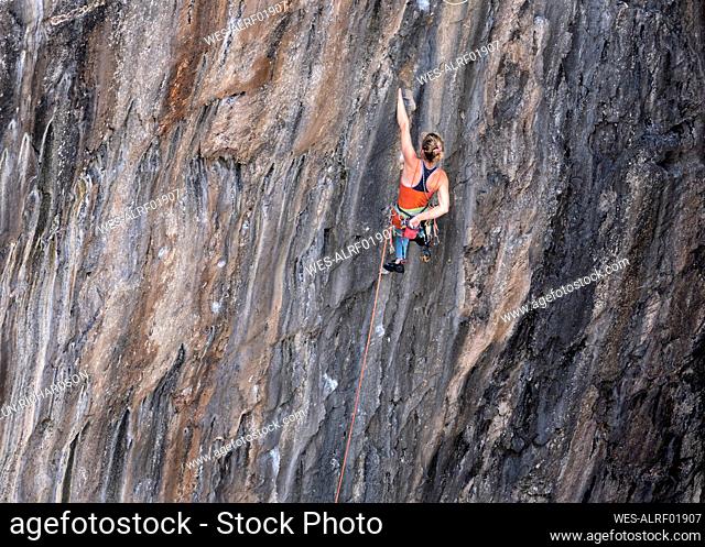 Sportswoman climbing rock using harness