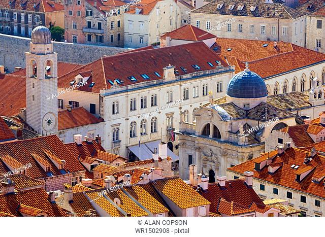 Church of St. Blaise right with Clock Tower on left, Old Town (Stari Grad), UNESCO World Heritage Site, Dubrovnik, Dalmatia, Croatia, Europe