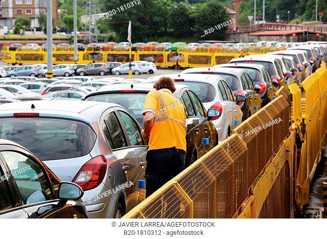 Car Transport by rail, transportation of cars and light commercial vehicles, Pasajes Port, Gipuzkoa, Basque Country, Spain
