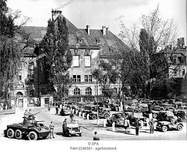 View on the strong guarded Nuremberg Palace of Justice on 1 October 1946, the Day of the sentencing in the Trial of the Main War Criminals