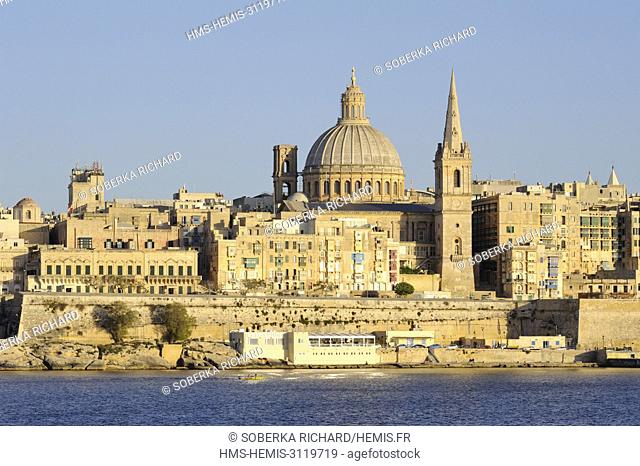 Malta, Valletta listed as World Heritage by UNESCO, view of the city from Sliema, dome of the Carmelite church and bell tower of the Church of St