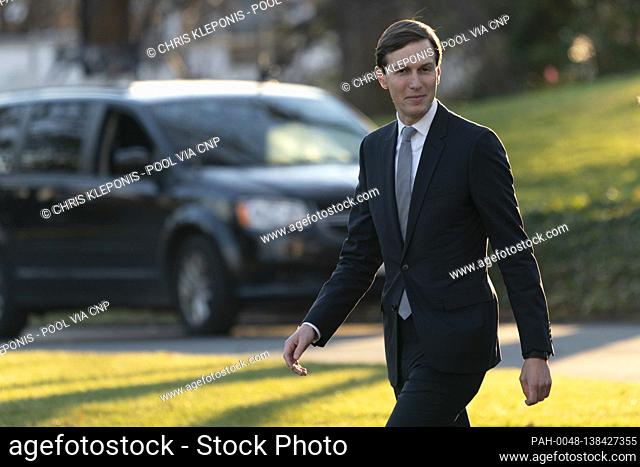 Jared Kushner, Assistant to the President and Senior Advisor, walks along the South Lawn as he prepares to depart the White House in Washington, DC