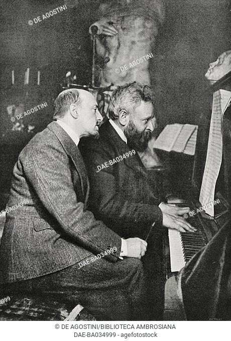 Gabriele d'Annunzio and Alberto Franchetti performing music for La Figlia di Iorio on the piano, photograph by Nunes Vais, from L'Illustrazione Italiana