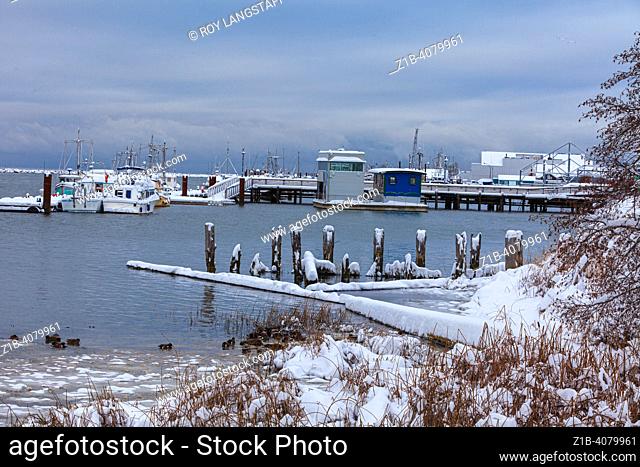 Steveston waterfront after a heavy snowfall in British Columbia Canada