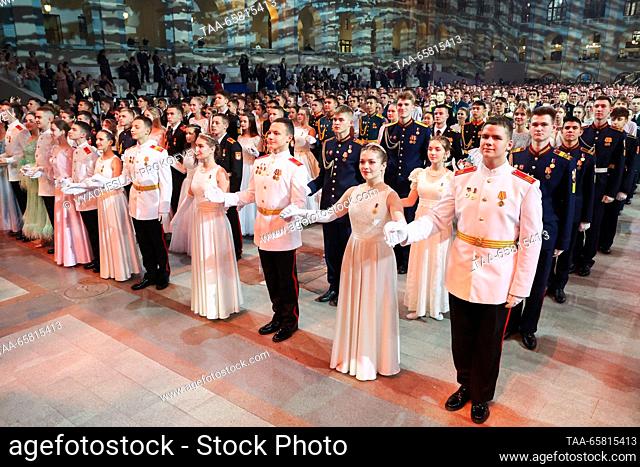RUSSIA, MOSCOW - DECEMBER 16, 2023: Participants in the 8th International Charity Cadet Ball at the Gostiny Dvor exhibition centre