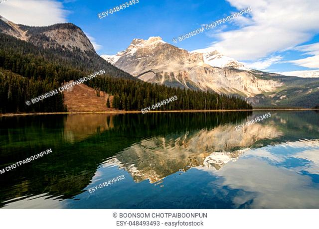 Panorama nature view of Emerald Lake with Rocky mountain reflection in Yoho National Park, British Columbia, canada