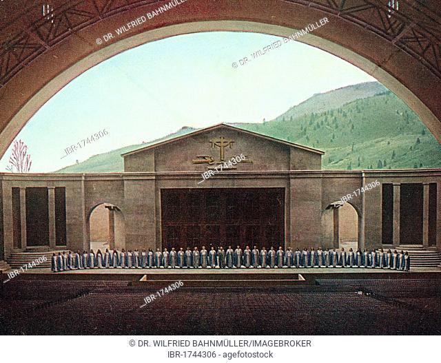Stage of the Passion Play House with the cast, colour post card from a Uvatypie template, Oberammergau Passion Play 1930, Upper Bavaria, Bavaria, Germany